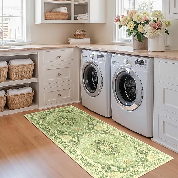 RELEANY Area Rugs 2'x5' Runner Rug Non Slip Washable for Kitchen Hallway Bedroom Beside Laundry Room Bathroom Rug, Floor Carpet, Sage Green Yellow