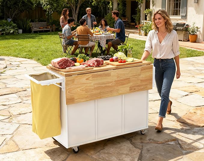 Kitchen Island with Storage, Rolling Kitchen Island on Wheel with Drop Leaf, Foldable Trash Bag, Spice Rack, Towel Bar, Storage Cabinet, Drawer, Kitchen Cart Island Table for Kitchen, White