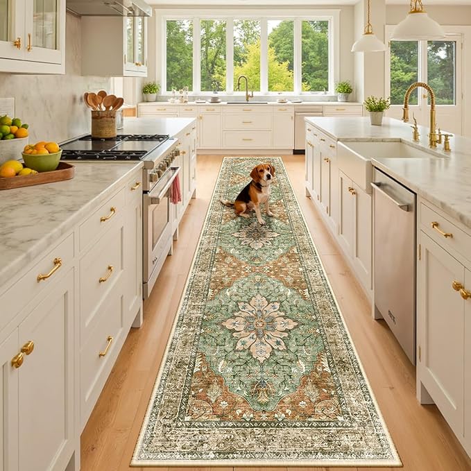 RELEANY Area Rugs 2'x10' Runner Rug Non Slip Washable for Kitchen Hallway Bedroom Beside Laundry Room Bathroom Rug, Floor Carpet, Brick Red Rust Neutral Brown Burnt Orange Green