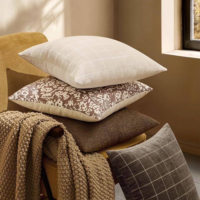 MIULEE Decorative Chenille Check Lumbar Throw Pillow Covers Vintage Plaid Couch Pillows 12x20 Inch Set of 2 Neutral Boho Farmhouse Cushion Covers Modern Spring Decor for Sofa Bed Living Room Beige