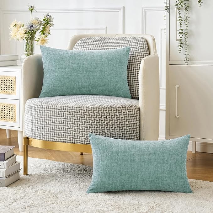 MIULEE Pack of 2 Couch Throw Pillow Covers 12x20 Inch Soft Aqua Green Chenille Pillow Covers for Sofa Living Room Spring Home Decor Couch Solid Dyed Cases