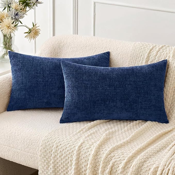 MIULEE Pack of 2 Couch Throw Pillow Covers 12x20 Inch Spring Soft Navy Chenille Pillow Covers for Sofa Living Room Solid Dyed Pillow Cases