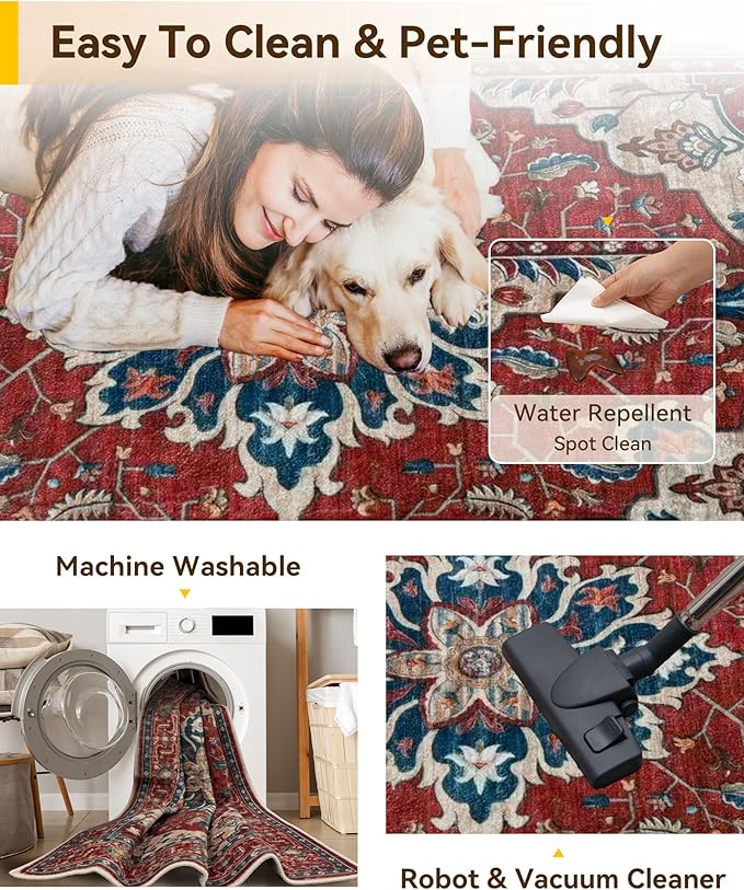 RELEANY Area Rugs 6'x9' Washable Non-Slip, Floral Vintage Distress Print Pattern Medallion Carpet for Living Room Bedroom Dining Room, Red Blue