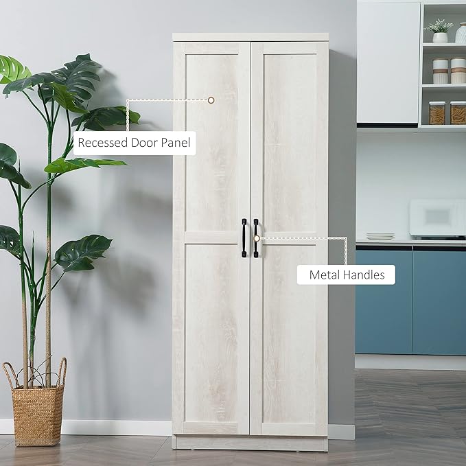 HOMCOM 63" 2-Door Kitchen Pantry, Freestanding Storage Cabinet with 5-Tier Shelving and 2 Adjustable Shelves for Dining Room, Antique White