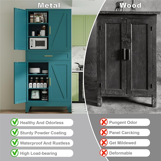 71" Pantry Cabinet in Blue, with 4 Doors & Center Drawer,Max Organization Storage Cabinet with Adjustable Shelves, Freestanding Farmhouse Storage Cupboard for Spacious Kitchen, Dining Room