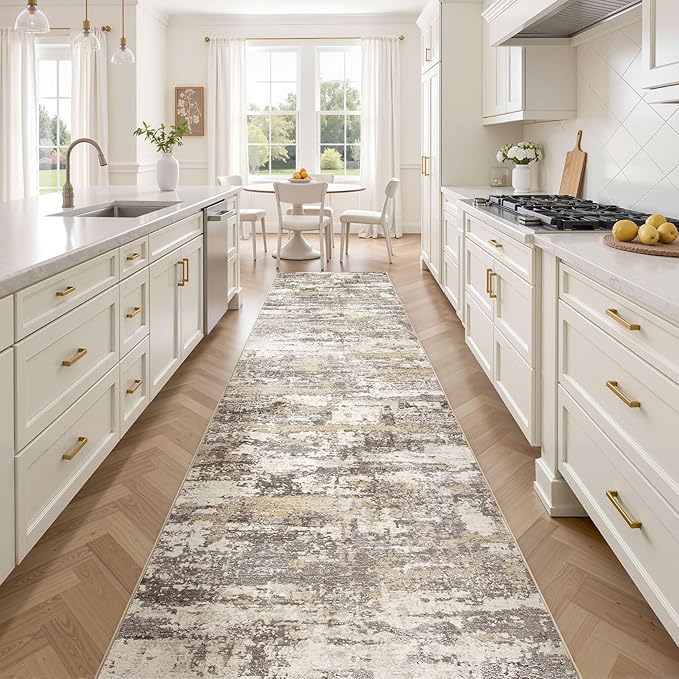 Hallway Washable Runner Rug: 3x14 Abstract Modern Soft Stain Resistant Non-Slip Backing Runner for for Entryway Kitchen Laundry - Gold Brown