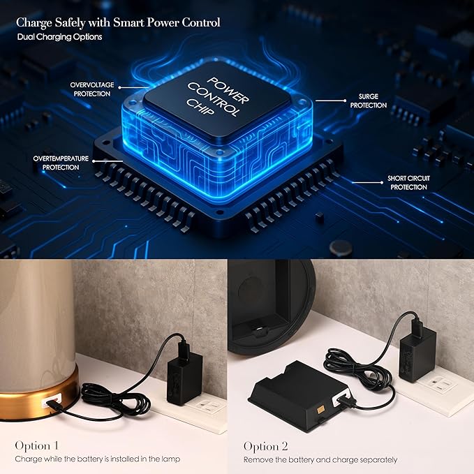 O’Bright Dune - Battery Powered Table Lamp, Rechargeable Cordless Ceramic Lamp, Full-Size 24 Inch Height, 4-Level Dimming, Smart Safety Protection, Type-C Fast Charging, LED Bulb Included, Stone Grey