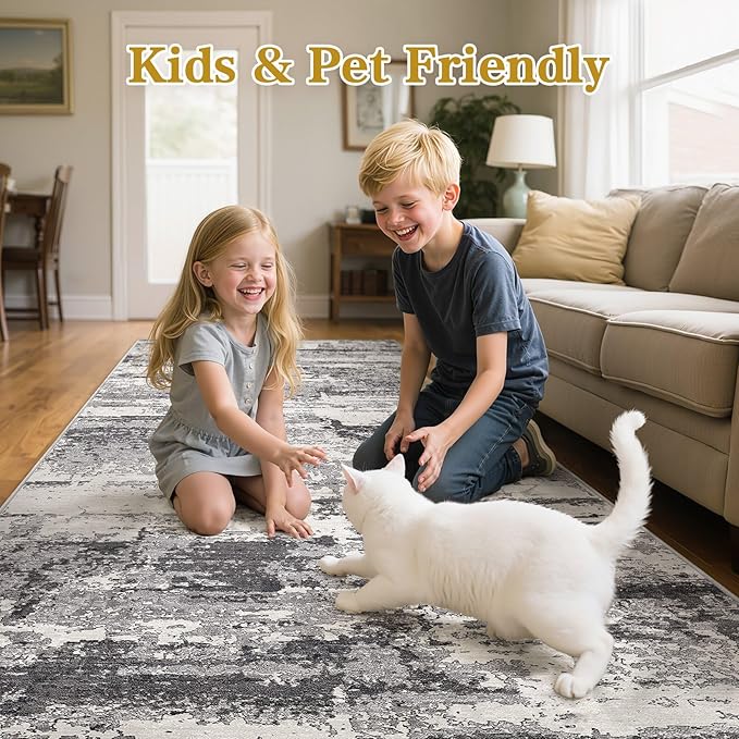 Hallway Washable Runner Rug: 3x8 Abstract Modern Soft Stain Resistant Non-Slip Backing Runner for for Entryway Kitchen Laundry - Black Grey