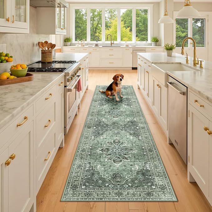 RELEANY Area Rugs 2'6''x8' Runner Rug Non Slip Washable for Kitchen Hallway Bedroom Beside Laundry Room Bathroom Rug, Floor Carpet, Dark Green Gray