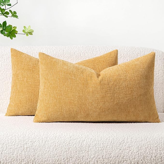 MIULEE Pack of 2 Couch Throw Pillow Covers 12x20 Inch Soft Beige Yellow Chenille Pillow Covers for Sofa Living Room Spring Home Decor Couch Solid Dyed Cases