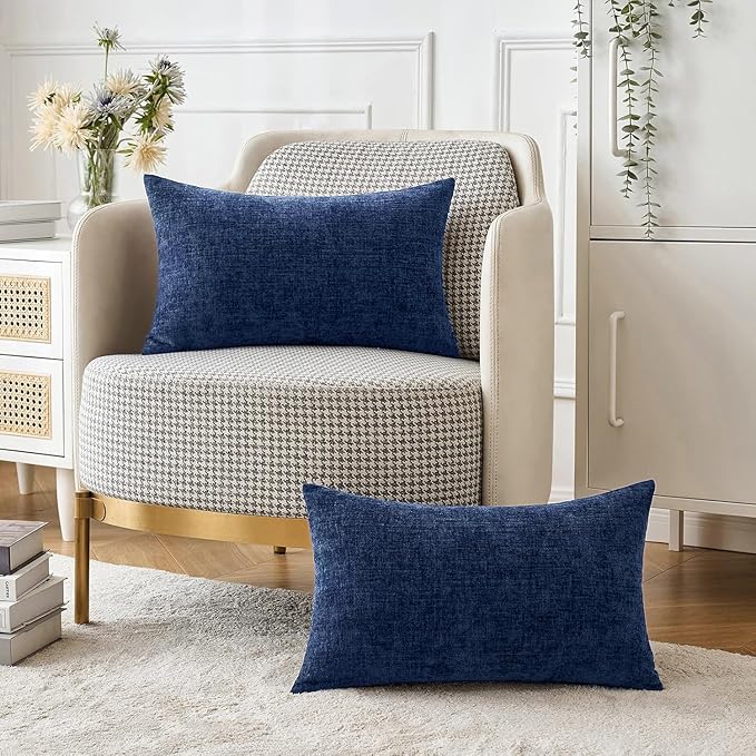 MIULEE Pack of 2 Couch Throw Pillow Covers 12x20 Inch Spring Soft Navy Chenille Pillow Covers for Sofa Living Room Solid Dyed Pillow Cases