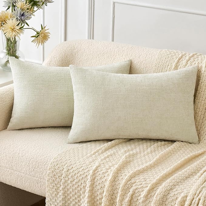 MIULEE Pack of 2 Cream Throw Pillow Covers 12x20 Inch Soft Chenille Pillow Covers for Sofa Living Room Spring Home Decor Couch Solid Dyed Cases