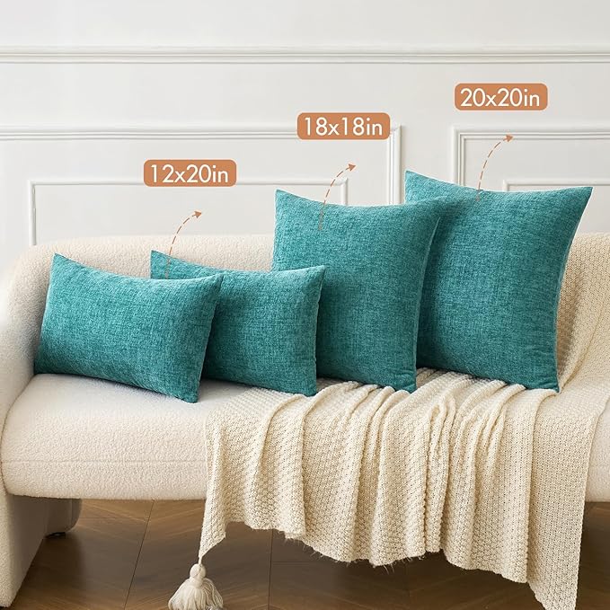 MIULEE Pack of 2 Couch Throw Pillow Covers 12x20 Inch Soft Teal Chenille Pillow Covers for Sofa Living Room Solid Dyed Pillow Cases