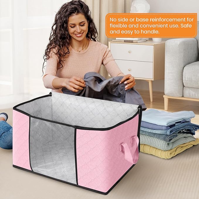 Fab totes 4 Pack Clothes Storage, Foldable Thick Fabric Blanket Storage Bags, Containers for Organizing Bedroom, Closet, Clothing, Comforter, Organization with Handle,Pink