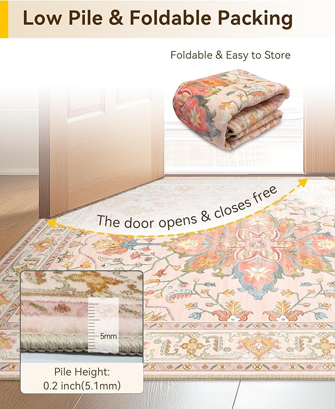 RELEANY Area Rugs 2'x8' Runner Rug Non Slip Washable for Kitchen Hallway Bedroom Beside Laundry Room Bathroom Rug, Floor Carpet, Light Pink Colorful