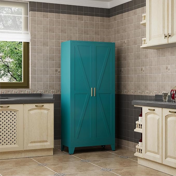 61" Tall Compact Storage Cabinet, Space-Saving 27.5" Wide Pantry in Blue with 2 Doors & 3 Shelves,Freestanding for Small Kitchen, Apartment, Narrow Hallway