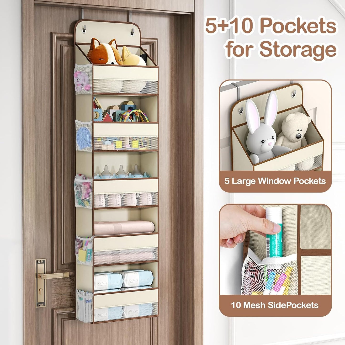 LAMU 5 Tier Over the Door Organizer Hanging, 5 Large Pockets and 10 Side Pockets Behind Door Storage for Baby Toys, 44lbs Back of Door Organizers Shelf for Closet, Nursery and Bathroom, 1 Pack (Beige)