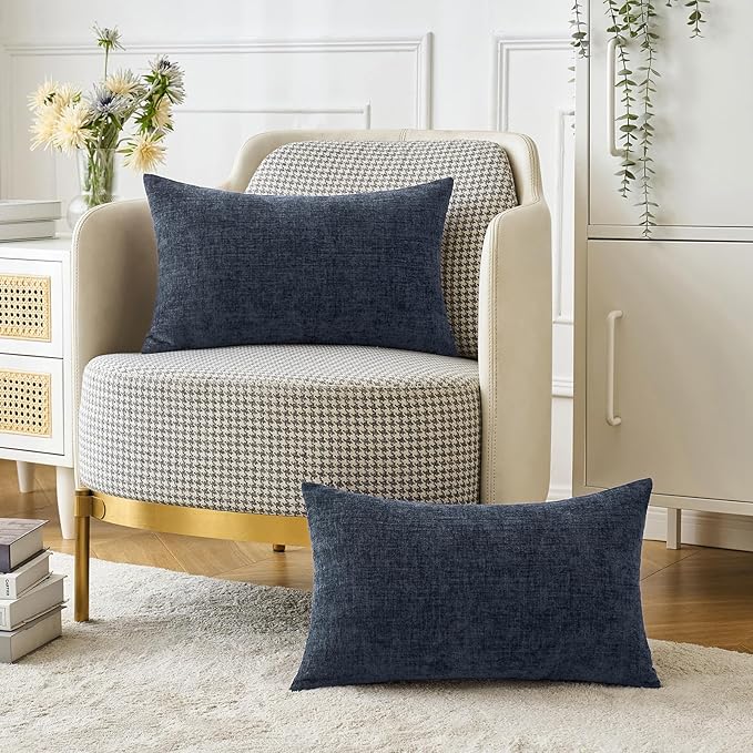 MIULEE Pack of 2 Couch Throw Pillow Covers 12x20 Inch Soft Navy Blue Chenille Pillow Covers for Sofa Living Room Solid Dyed Pillow Cases