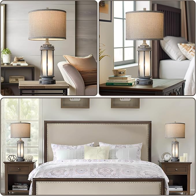 AIEAMPDO Set of 2 Rustic Table Lamps for Living Room, Farmhouse Vintage Nightstand Lamp with 2 USB Ports, Antique Retro Light Green Glass Night Light for Bedroom Entryway, 4 Bulbs Included