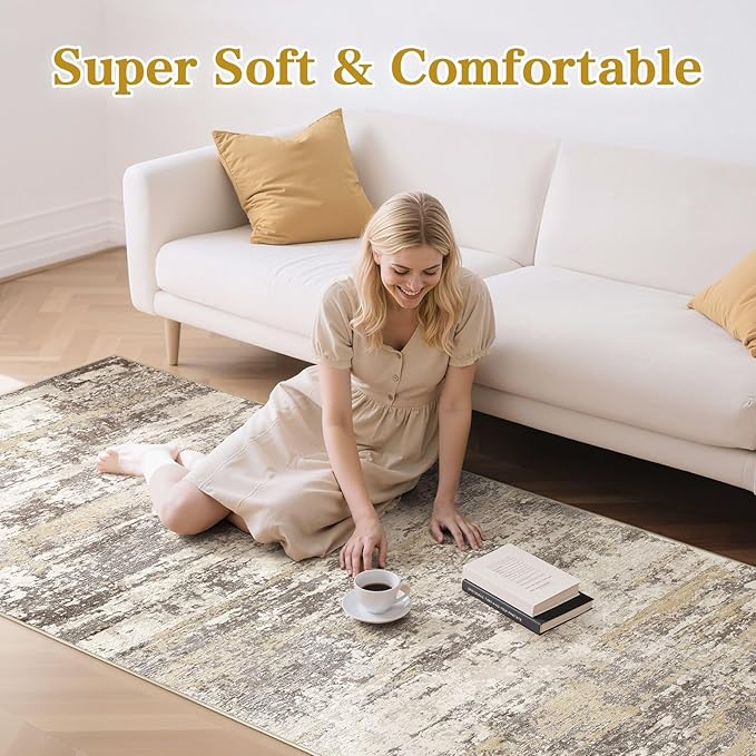 Hallway Washable Runner Rug: 3x10 Abstract Modern Soft Stain Resistant Non-Slip Backing Runner for for Entryway Kitchen Laundry - Gold Brown