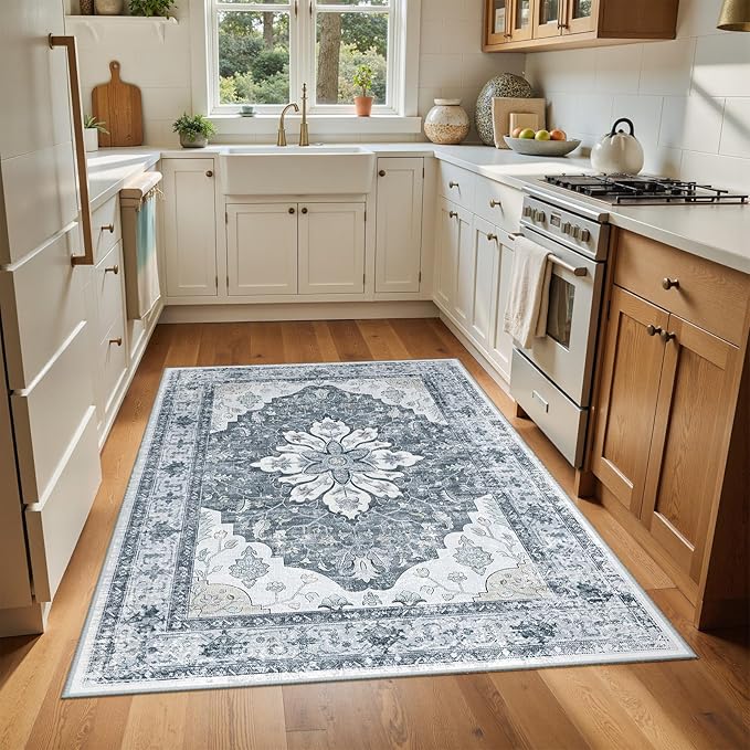 RELEANY Area Rugs 4'x6' Washable Non-Slip, Floral Vintage Distress Print Pattern Medallion Carpet for Living Room Bedroom Dining Room, Light Gray Grey White