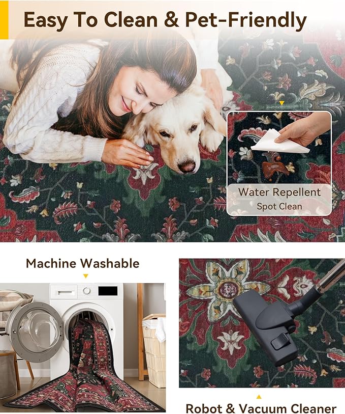 RELEANY Area Rugs Round 6ft Washable Non-Slip, Floral Vintage Distress Print Pattern Medallion Carpet for Living Room Bedroom Dining Room, Red Black