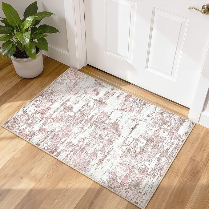 Washable Area Rugs: 2x3 Abstract Modern Soft Stain Resistant Non-Slip Backing for Living Room Entryway Bedroom Nursery - Pink