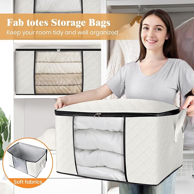 Fab totes 10 Pack Clothes Storage, Foldable Thick Fabric Blanket Storage Bags, Containers for Organizing Bedroom, Closet, Clothing, Comforter, Organization with Handle,Ivory White