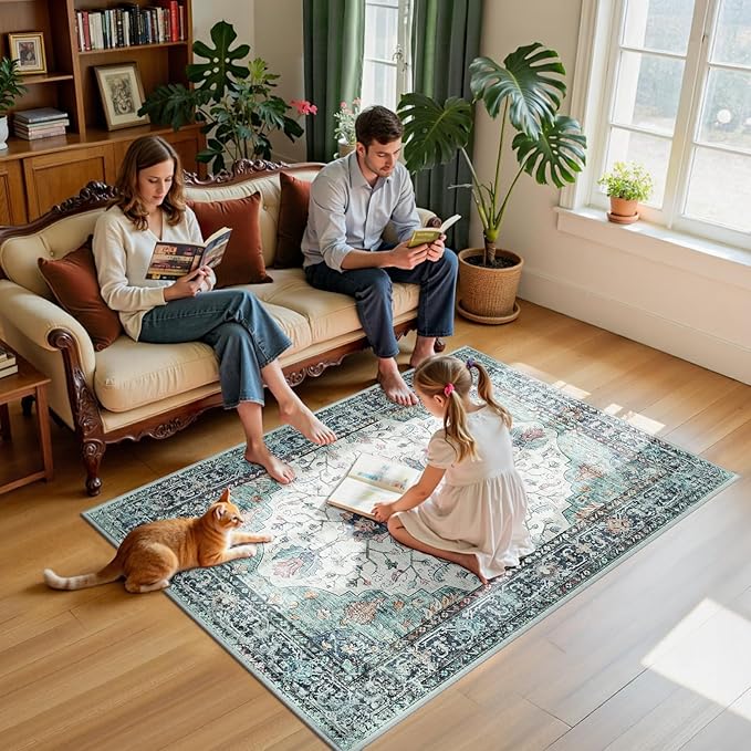 RELEANY Area Rugs 4'x6' Washable Non-Slip, Floral Vintage Distress Print Pattern Medallion Carpet for Living Room Bedroom Dining Room, Green Navy Blue White Red Teal Colorful