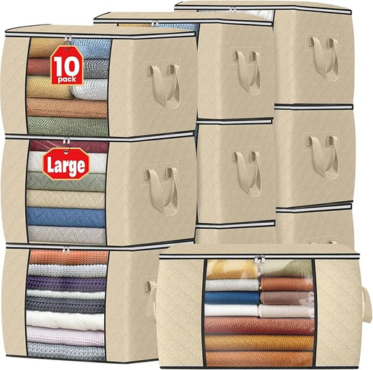 Fab totes 24 Gallons Clothes Storage, Foldable Thick Fabric Blanket Storage Bags, Containers for Organizing Bedroom, Closet, Clothing, Comforter, Organization with Handle (10 Pack,Beige)
