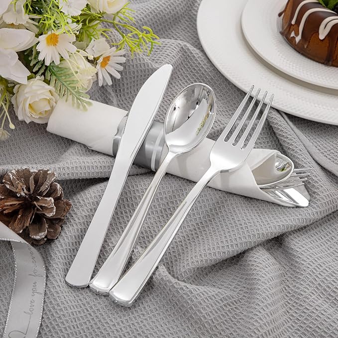 Liacere 100 Pack Silver Plastic Silverware-Pre Wrapped cutlery and Napkin-Pre Rolled Silverware Disposable 100 Forks, 100 Knives 100 Spoons, 100 Napkins Plastic Utensils＆Christmas＆New Year