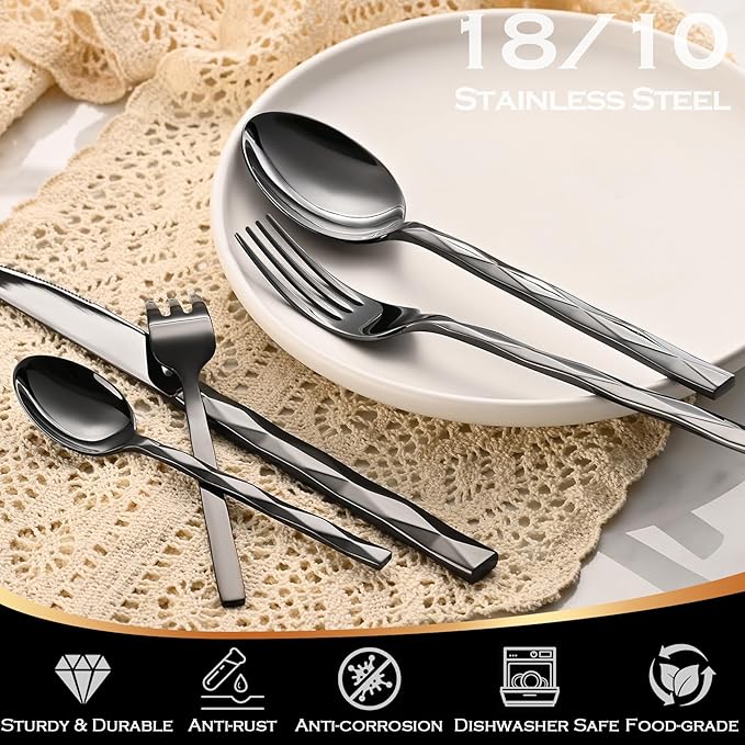 Black Silverware Set, Luxury 30-Piece Flatware Set for 6, Cutlery Set Stainless Steel, Diamond Cut Pattern, Home, Wedding & Party, 18/10 Stainless Steel Tablewaret & Dishwasher Safe Utensils.