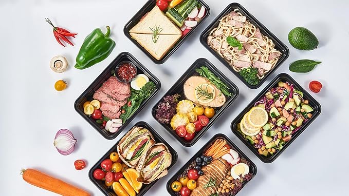 FULING 32 oz 150Pack Plastic Meal Prep Food Storage Containers with Lids Reusable 1 Compartment To Go Lunch Box Black Extra Large &Thick Microwave Freezer Dishwasher Safe BPA Free Stackable