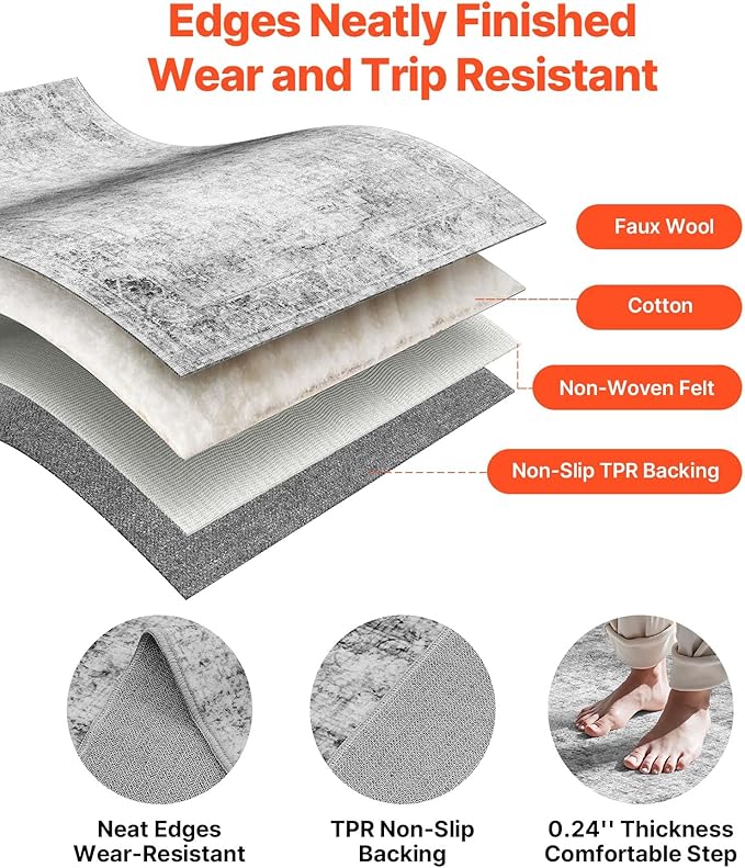 VEVOR 9 x 12 ft Area Rug Large Washable Boho Rug Non-Slip and Tear-Resistant Soft Carpet Pet & Child Friendly Bohemian Area Rugs Indoor Mat for Bedroom Living Room Kids Room Office Gray