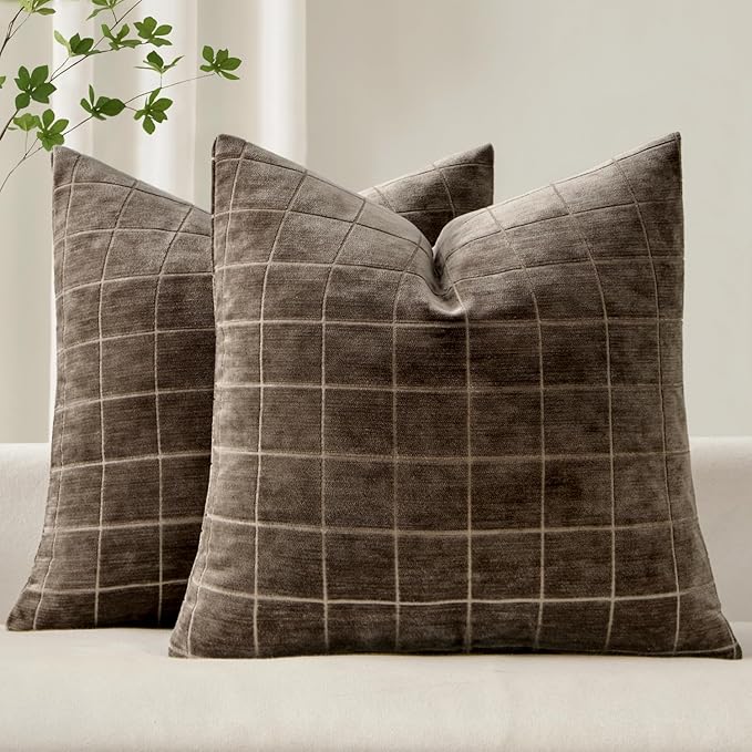 MIULEE Decorative Chenille Check Euro Shams Throw Pillow Covers Vintage Plaid Couch Pillows 24x24 Inch Set of 2 Neutral Boho Farmhouse Cushion Covers Modern Home Decor for Sofa Bed Living Room Brown