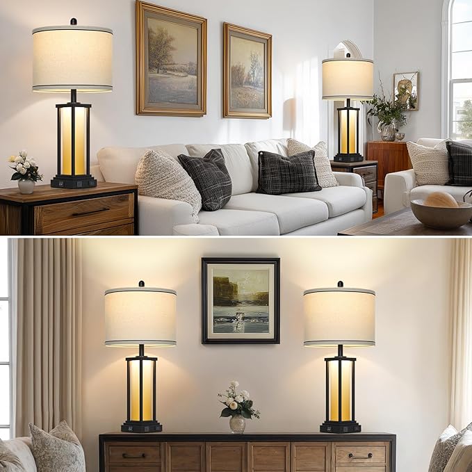 luxeflow 27in Tall Farmhouse Table Lamp Set of 2 with USB C+A & Outlet,Orange Industrial End Table Lamp for Living Room,Vintage Rustic Bedside Lamps with Night Light for Bedroom Nightstand