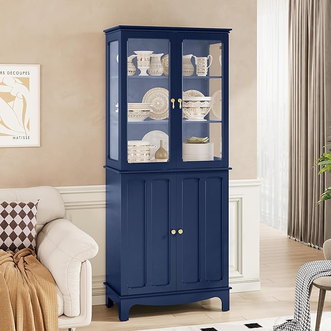 72" Tall Kitchen Pantry Cabinet with Glass Door and Adjustable Shelves, Vintage Food Storage Cabinet for Kitchen, Dining Room, Living Room, Dark Blue