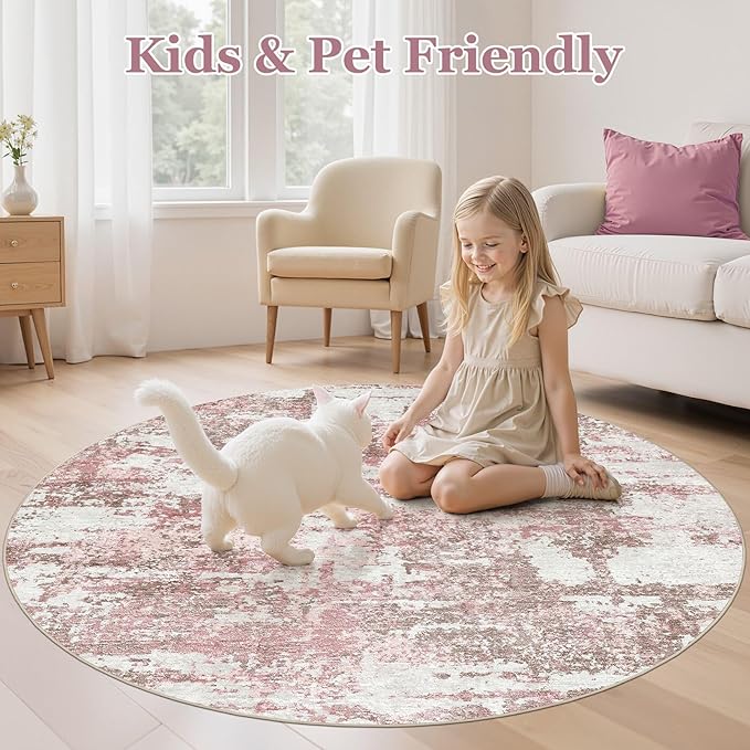 5ft Round Area Rugs for Living Room: 5x5 Abstract Washable Rug Modern Large Soft Stain Resistant Non-Slip Backing Machine Table for Bedroom Dining Room Indoor Home Office Carpet - Pink