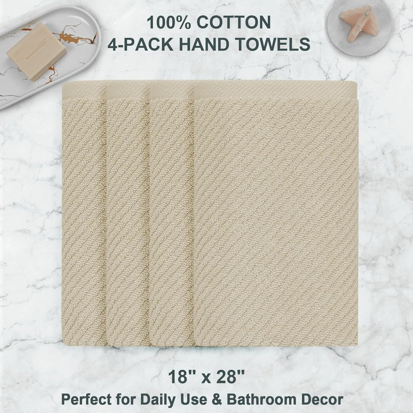 VOOVA & MOVAS Taupe Hand Towels for Bathroom, Large 18"x28" | 100% Cotton | Lightweight | Thick | Quick Dry | Soft | Absorb, Beige Bath Hand Towels Set of 4, Bathroom Essentials, Tan