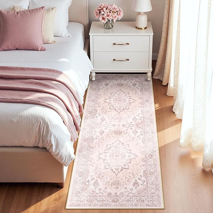 RELEANY Area Rugs 2'x6' Runner Rug Non Slip Washable for Kitchen Hallway Bedroom Beside Laundry Room Bathroom Rug, Floor Carpet, Pink Greypink Cute