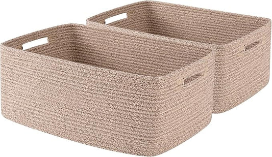 OIASKET Large Storage Basket for Organizing, Woven Rope Basket for Shelves, Closet Organizer Bins for Clothes, Blanket, Toys, Baby Nursery Storage, 17.7" x 13" x 7.87", 2 Packs Brown