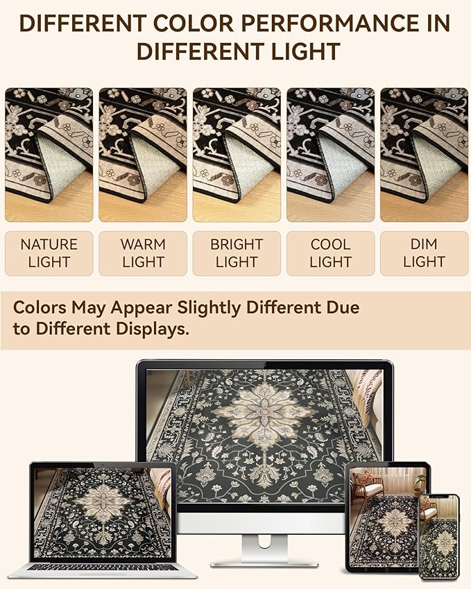 RELEANY Area Rugs 9'x12' Washable Non-Slip, Floral Vintage Distress Print Pattern Medallion Carpet for Living Room Bedroom Dining Room, Black Brown Neutral Dark Tan