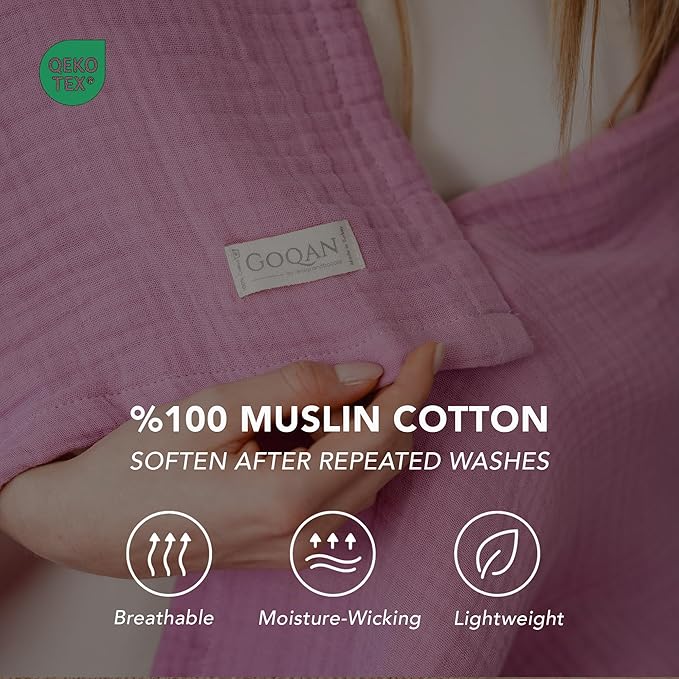 Goqan Throw Blanket 55x60 – 100% Turkish Cotton 4 Layer Boho Muslin Blanket for Adults, Four Season Blanket Lightweight and Thin, Soft, Breathable for Bed, Couch, Picnic - Pink