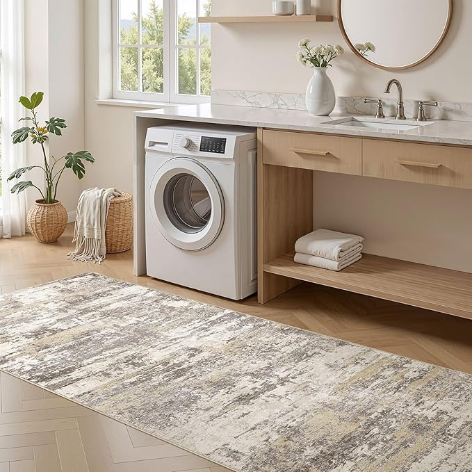 Hallway Washable Runner Rug: 3x12 Abstract Modern Soft Stain Resistant Non-Slip Backing Runner for for Entryway Kitchen Laundry - Gold Brown