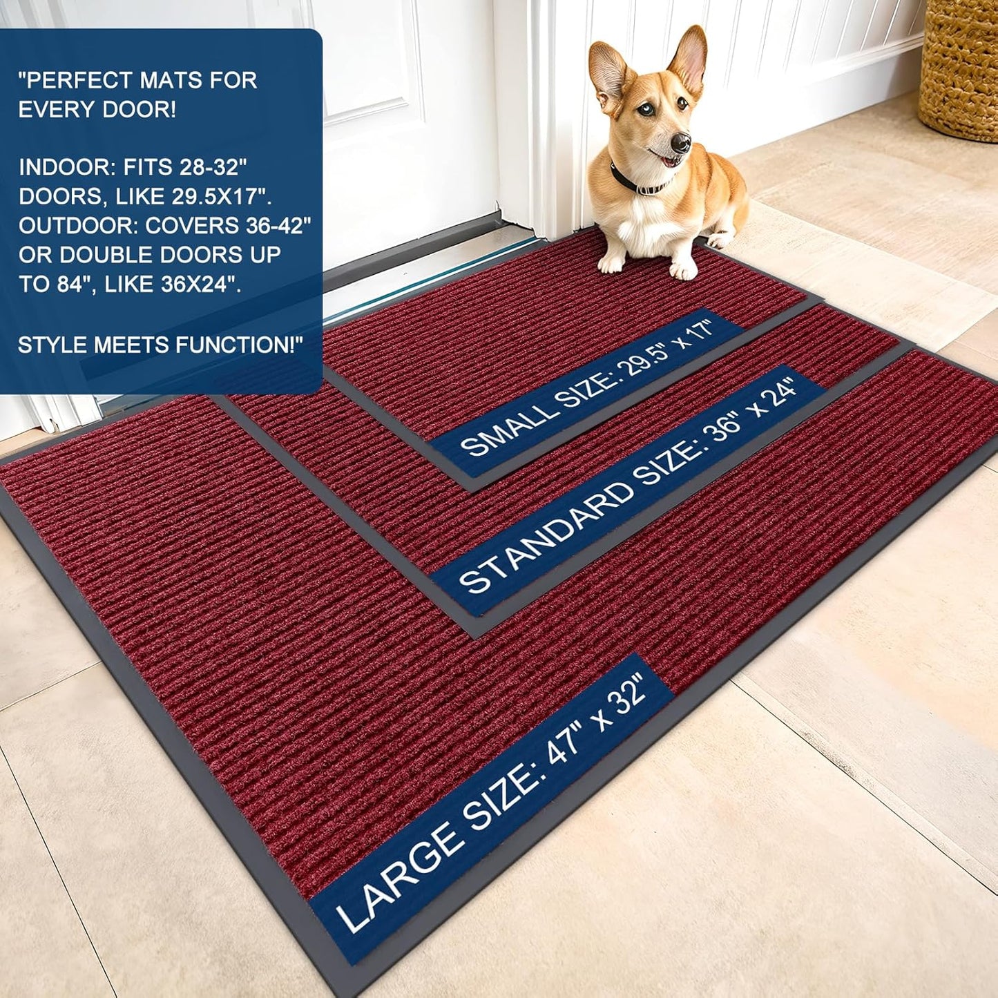 OLANLY Front Door Mat Indoor Outdoor Entrance, Waterproof Heavy Duty Doormat, Fade Resistant, Low Profile, Easy Clean Patio Porch Welcome Floor Mats for Entry, 36x24, Wine Red