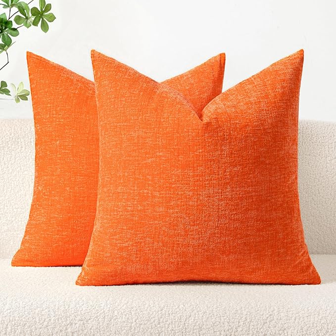MIULEE Pack of 2 Bright Orange Throw Pillow Covers 16x16 Inch Soft Chenille Pillow Covers for Sofa Living Room Couch Solid Dyed Cases