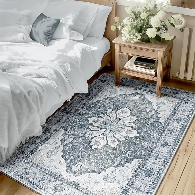 RELEANY Area Rugs 3'x5' Washable Non-Slip, Floral Vintage Distress Print Pattern Medallion Carpet for Living Room Bedroom Dining Room, Light Gray Grey White