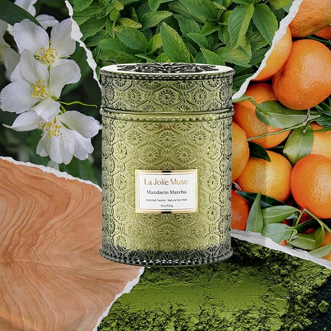 LA JOLIE MUSE Mandarin Matcha Candle - Bergamot, Matcha, Cedarwood | 19 oz Large Wooden Wick Candles | Natural Soy Wax | 90 Hours Clean Burn | Fresh Citrus Candle | Gift-Ready for Hosts