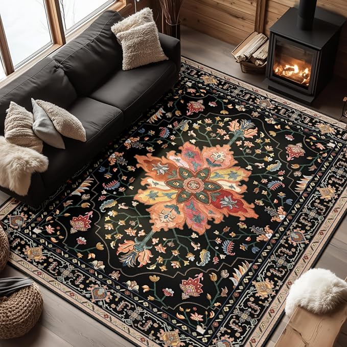 RELEANY Area Rugs 6'x9' Washable Non-Slip, Floral Vintage Distress Print Pattern Medallion Carpet for Living Room Bedroom Dining Room, Black Colorful Floral Dark Tan