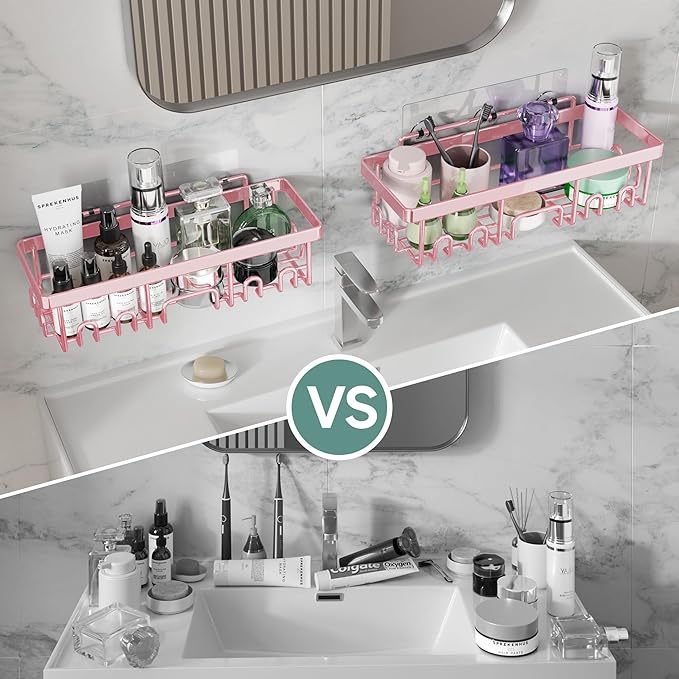 Veken Large Capacity Shower Caddy 6-Pack, No Drilling & Rustproof, Adhesive Shower Shelves with Soap Holder, Bathroom Organizers and Storage, Wall-Mounted Kitchen & Home Decor, Pink